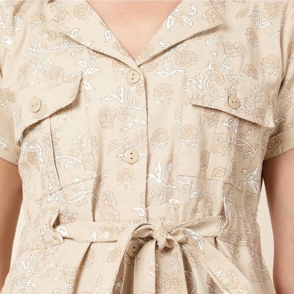 Bani Women Floral Shirt Dress Midi Cotton Tie Waist Beige M - Picture 2 of 10